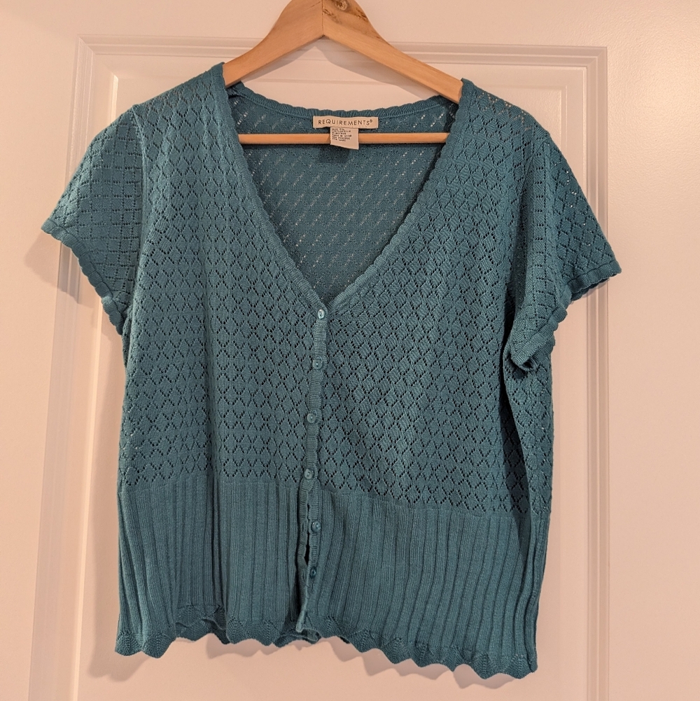Requirements Openwork Knit V-Neck Teal Cardigan Size XL